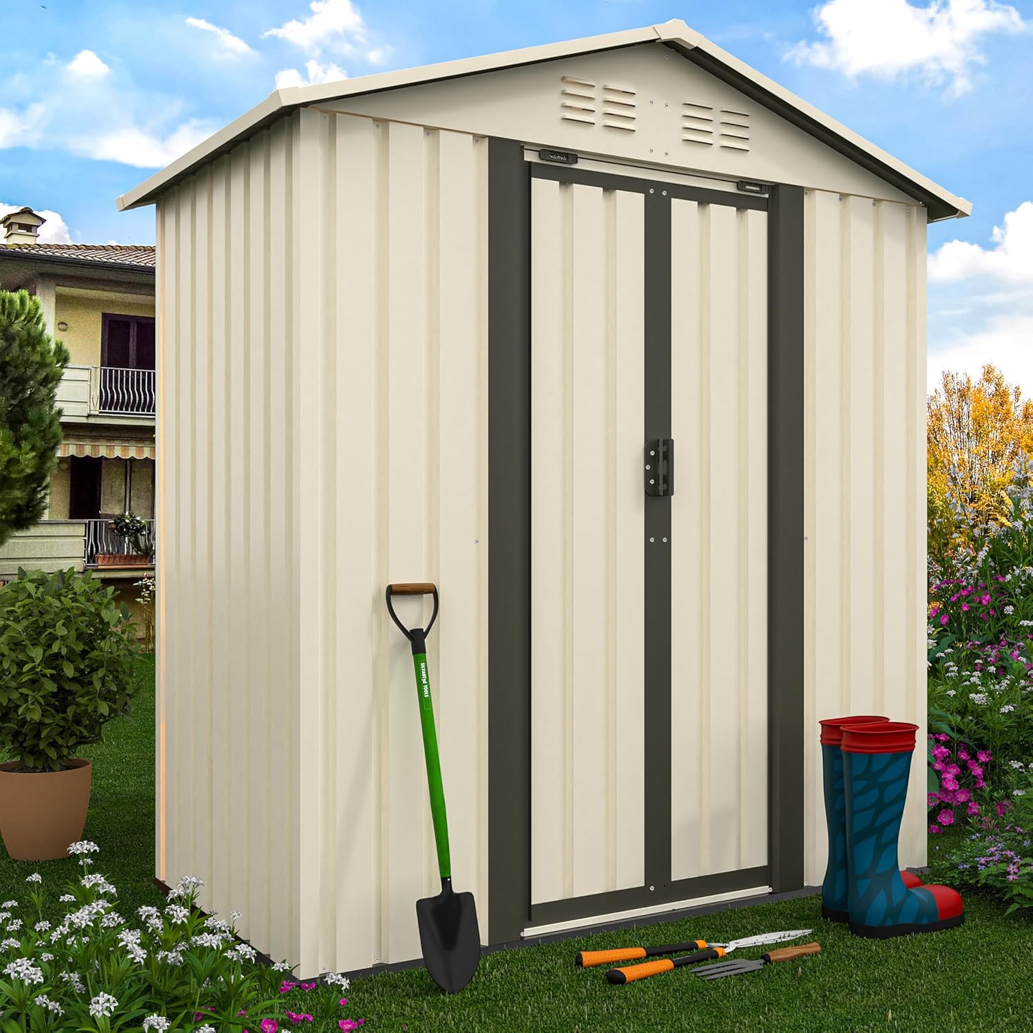 5 x 3 FT Outdoor Storage Shed, Metal Garden Shed with Aluminum Alloy Frame, Tool Shed Outdoor Storage with Lockable Sliding Doors & Vents, Small Storage House Waterproof for Backyard, Lawn, White