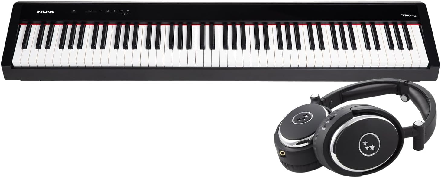 NUX NPK-10 Portable Digital Piano Keyboard With Bluetooth and Damper Pedal, 12 Sounds, MIDI | Graded Hammer Action Weighted 88 Keys | True Fidelity Foldable Noise Cancelling Headphones Bundle