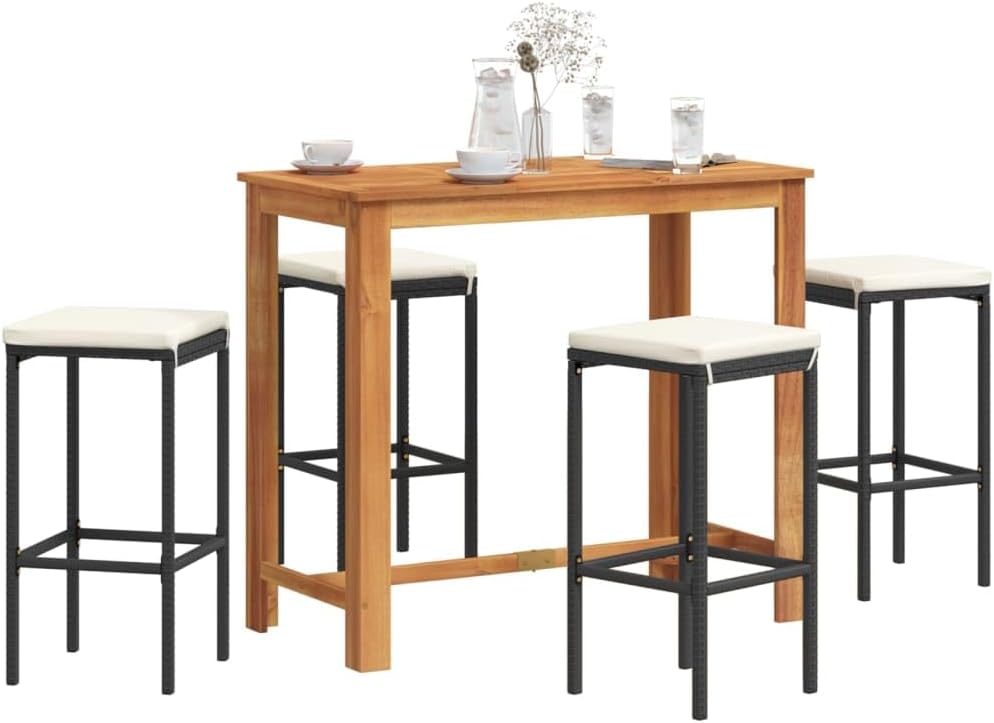 Furniture Sets 5 Piece Patio Bar Set Black Solid Wood Acacia and Poly Rattan,Sturdy and Stylish Acacia Wood Patio Bar Set for Outdoor Dining and Relaxation Garden Conversation Sets