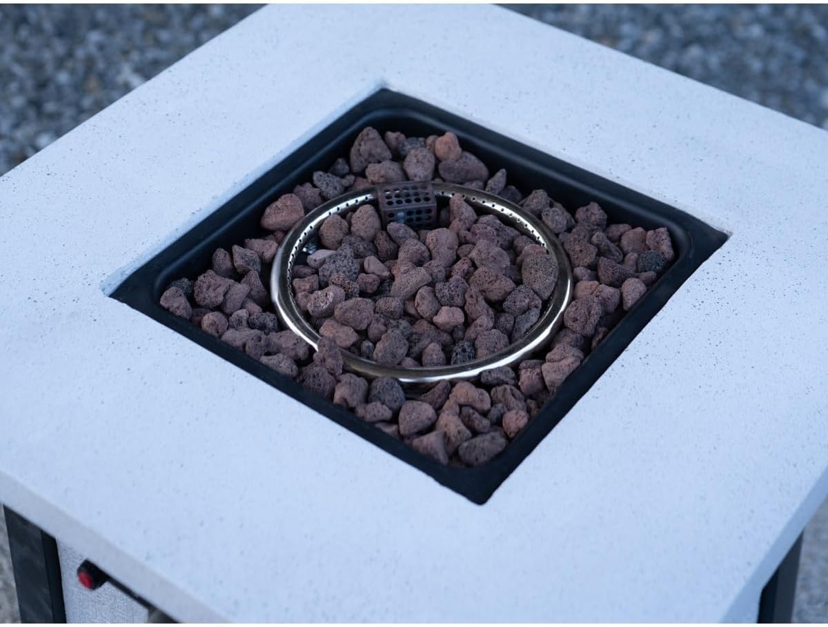 28-inch Square Propane Fire Pit Table, 50,000 BTU Outdoor Patio Heater with Realistic Charcoal Texture & Cover, Creamy White CSA Certified Gas Fire Pit for Garden