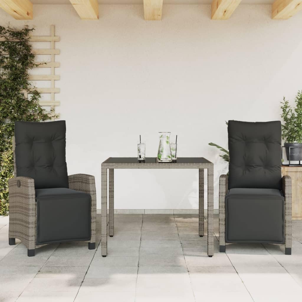 3 Piece Patio Dining Set with Cushions Gray Poly Rattan,Adjustable Rattan Garden Dining Set with Washable Cushions Furniture Sets for Patio, Lawn & Garden