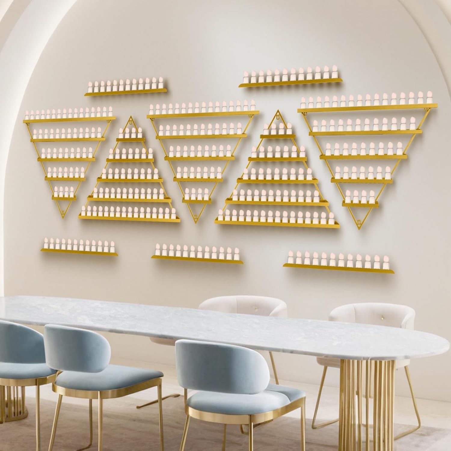 Gold Wall Mount Nail Polish Rack, Triangular Nail Polish Storage Organizer, 5-Tier Metal Display Shelf for Salon, Home Nail Art Station, Cosmetics, Skin Care Products 10PCS