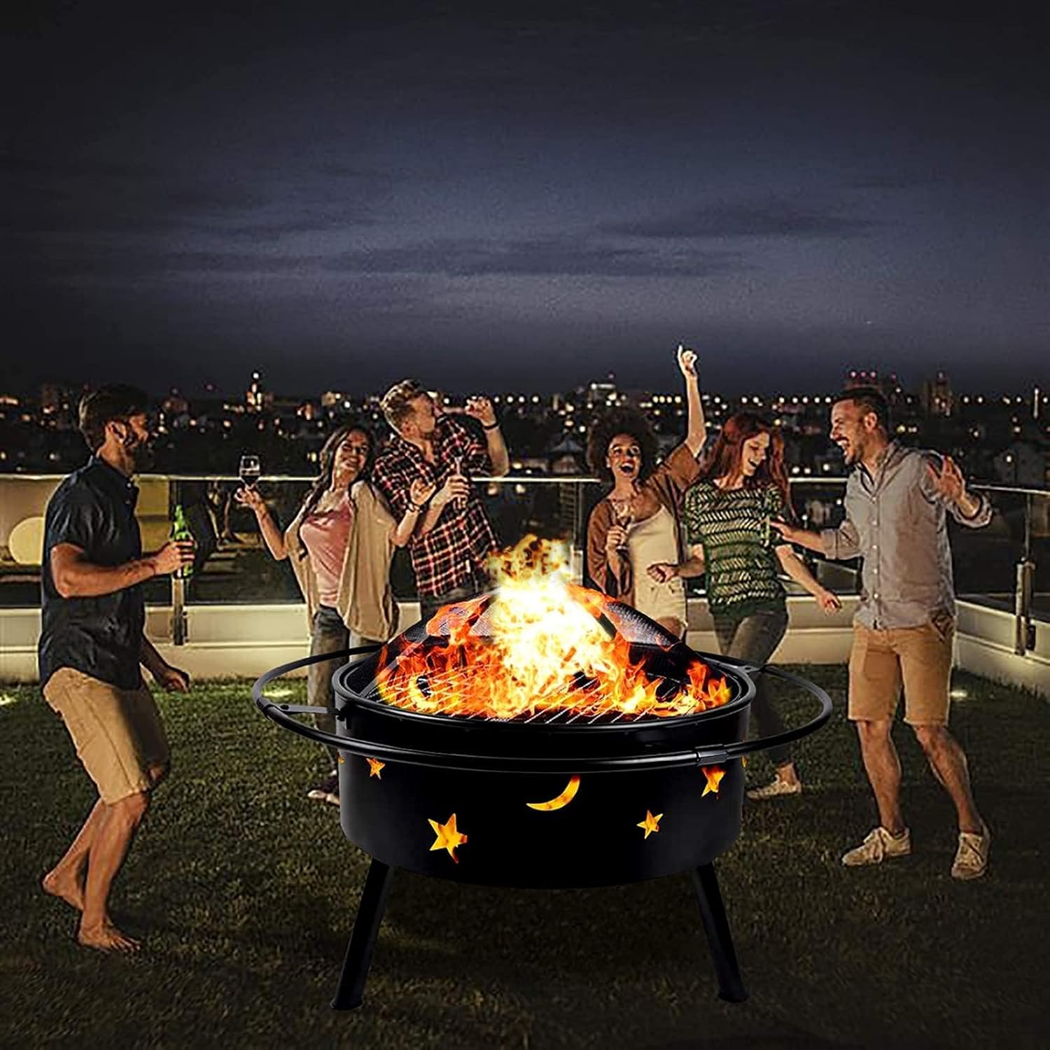 Outdoor Wood Burning Pits, Portable Firepit, Round Bonfire Wood Burning Patio & Backyard Firepit for Outside with Cooking BBQ Grill