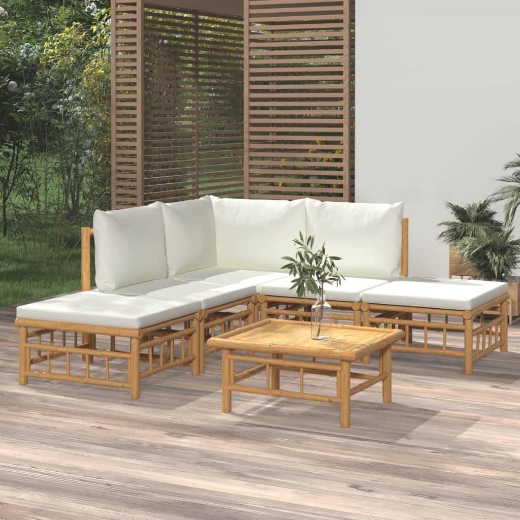 Furniture Sets 6 Piece Patio Lounge Set with Cream White Cushions Bamboo,Elegant Bamboo Lounge Set: Comfort and Style for Your Outdoor Oasis Garden Conversation Sets