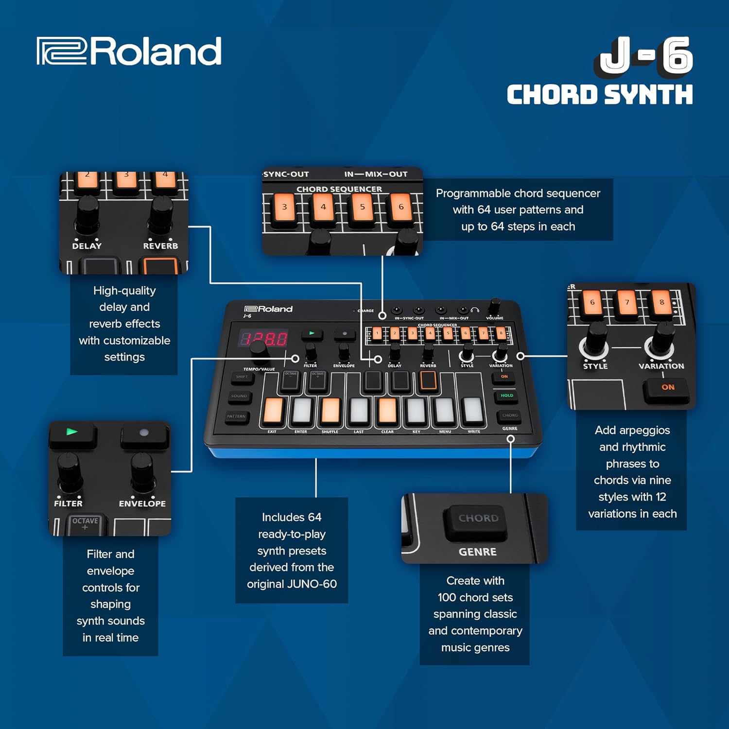 Roland AIRA Compact J-6 CHORD SYNTH | Portable song creation machine with professional Roland sound and features | JUNO-60 Synth Engine & Presets | Chord Sequencer | Effects
