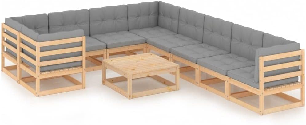 10 Piece Patio Lounge Set with Cushions Solid Pinewood,Pinewood Patio Lounge Set with Gray Cushions Durable and Comfortable Patio Furniture, Outdoor Furniture Sets