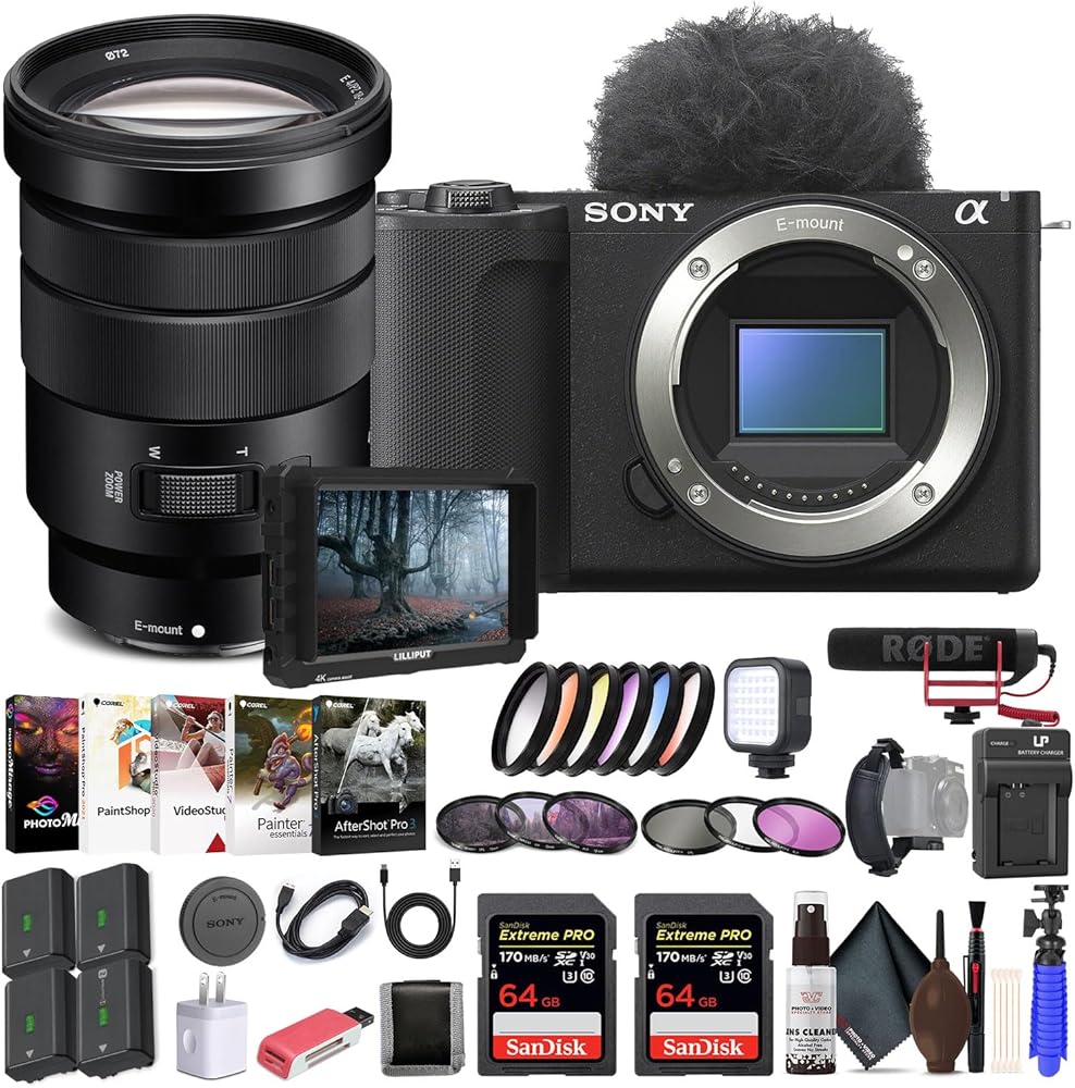 Sony Alpha ZV-E10 II Mirrorless Camera (Body Only, Black) (ZVE10M2KB), Sony 18-105mm Lens, 4K Monitor, Pro Mic, 2 x 64GB Memory Card, Color Filter Kit, Filter Kit, Photo Software, Bag, More