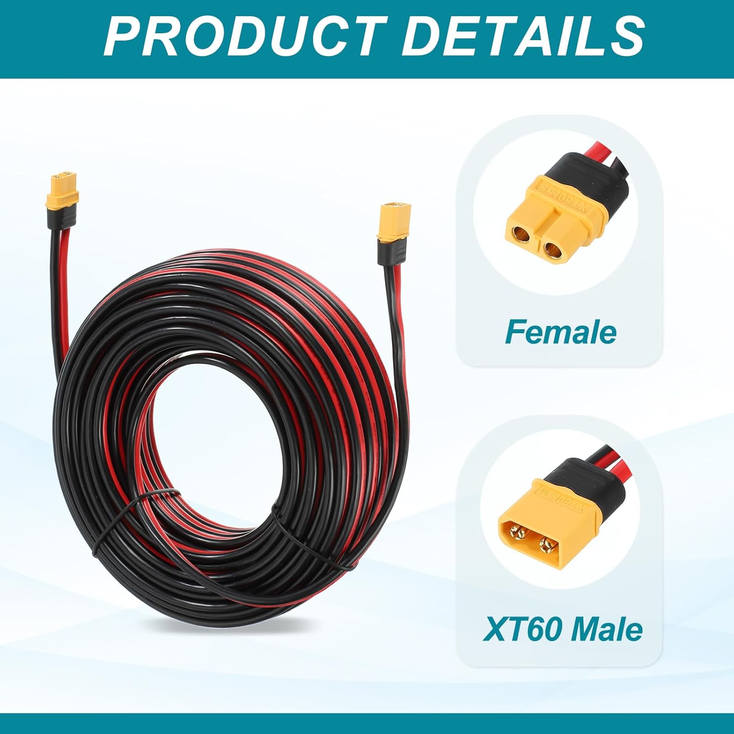 MECCANIXITY XT60 Extension Cable, 12AWG 50 ft Male to Female Tinned Copper XT60 Connector Power Cable UL2468 for RC Batteries, Portable Power Station, Solar System