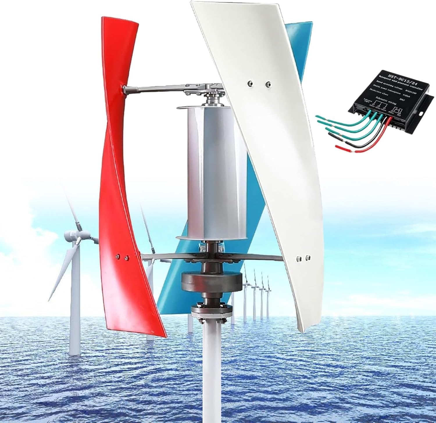14000W Silent Vertical Wind Turbine Generator, MPPT 12V 24V 48V 110V 220V, Magnetic Levitation for Home & Street Lighting, Efficient Renewable Energy Solution (Red, 12V)