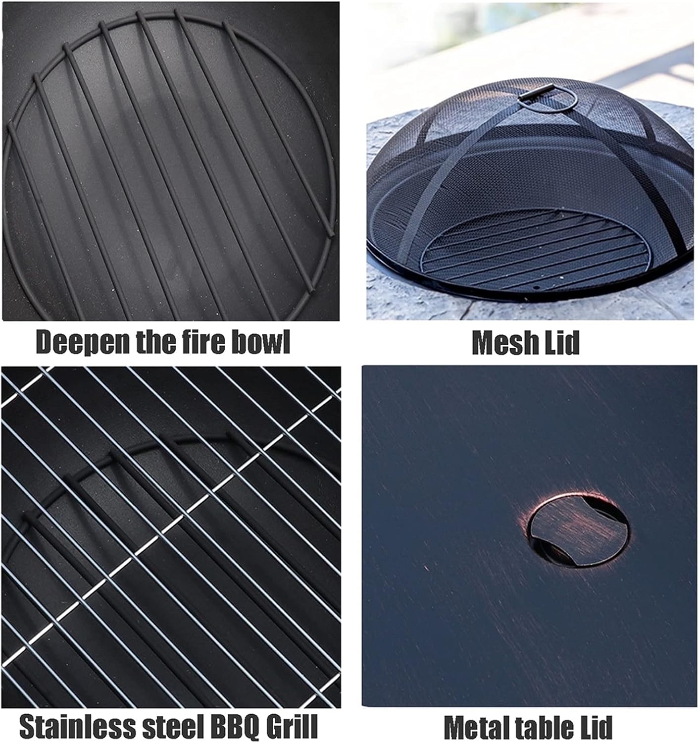 Outdoor Fire Pit Garden Terrace Imitation Stone BBQ Table, Outdoor Wood Burning Fire Bowl with Sparkle Screen Cover and Poker, Outdoor Fireplace