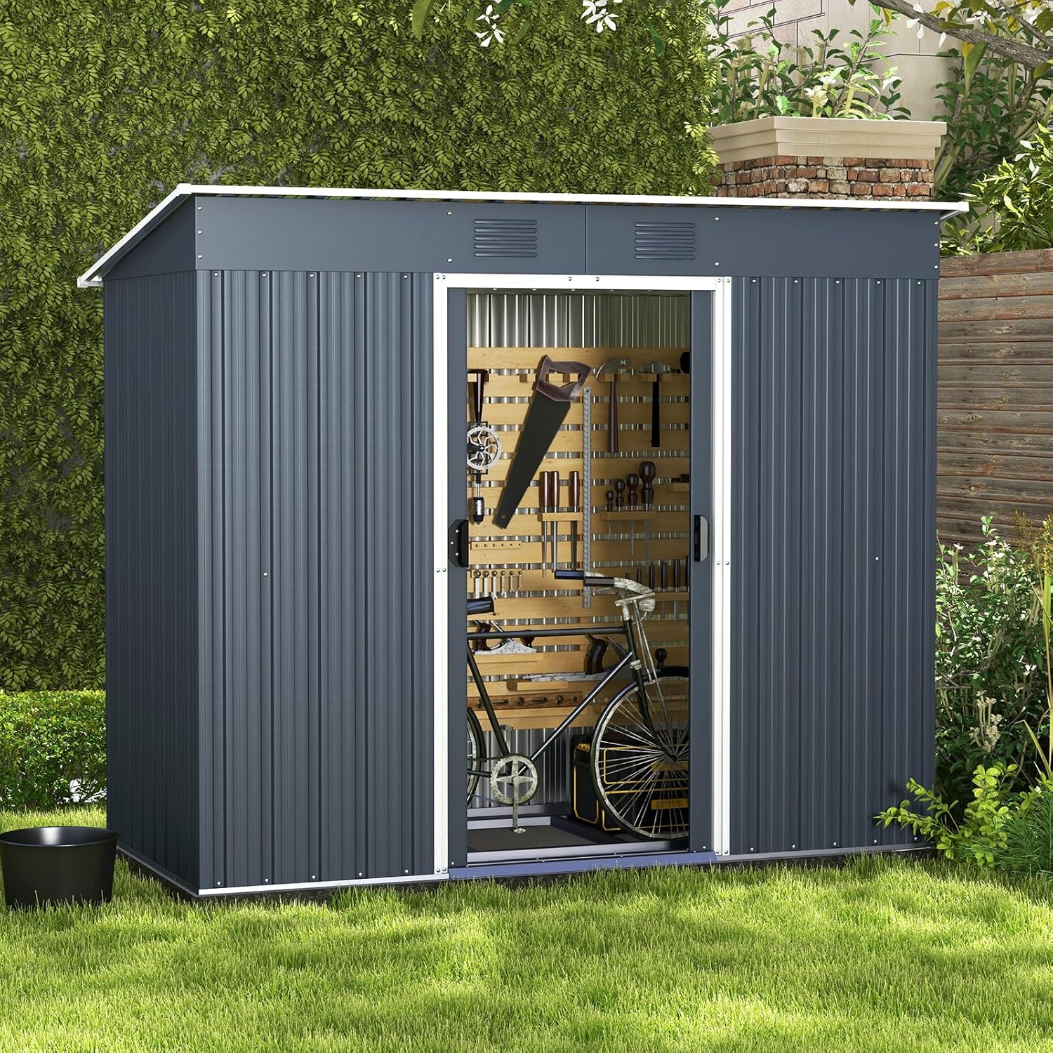 IRONMAX Outdoor Storage Shed with Floor, 6 x 3 FT Galvanized Steel Garden Shed Cabinet with Double Sliding Door & Air Vent, Utility Metal Tool Storage Shed House for Garden, Backyard, Patio, Lawn