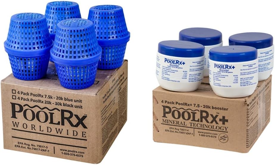 Pool RX 101003 Swimming Pool Algaecide, 4 Pack, Blue & 332004 4-Pack PoolRx+ Booster Blue Swimming Pool Algaecide, 4 Pack