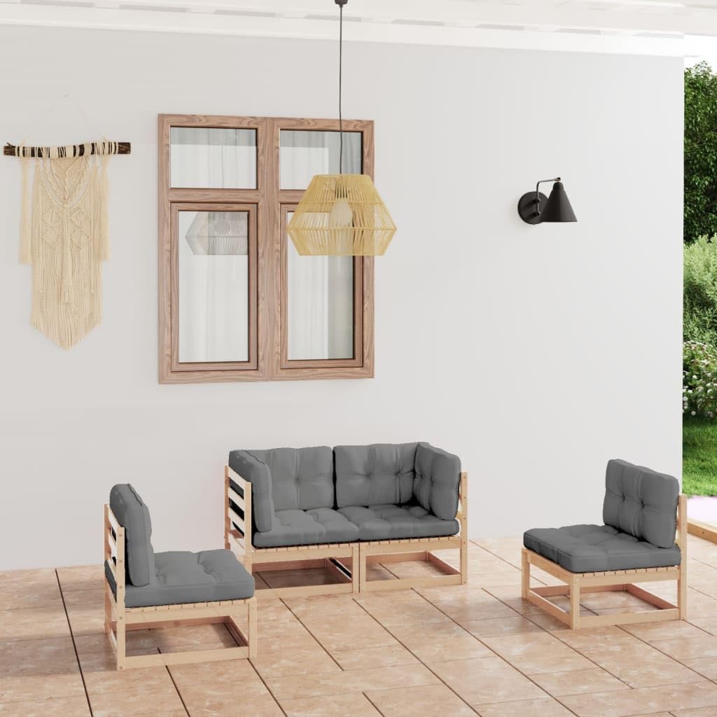4 Piece Patio Lounge Set with Cushions Solid Wood Pine,Outdoor Pinewood Patio Lounge Set with Comfortable Gray Cushions and Modular Design Furniture Sets for Patio, Lawn & Garden