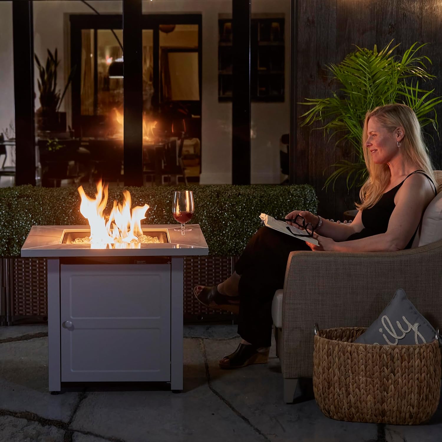 Endless Summer 30 Inch Square Outdoor Gas Fire Pit Table with Marble Mantel, Slate Finish, White Fire Glass, and Protective Cover