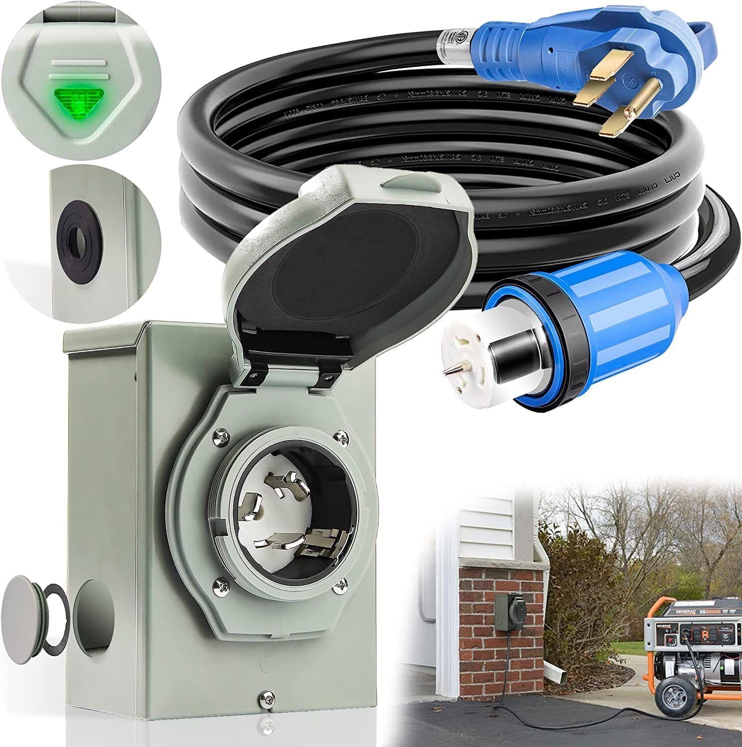50 Amp 25FT Generator Cord and Waterproof Power Inlet Box Combo Kit