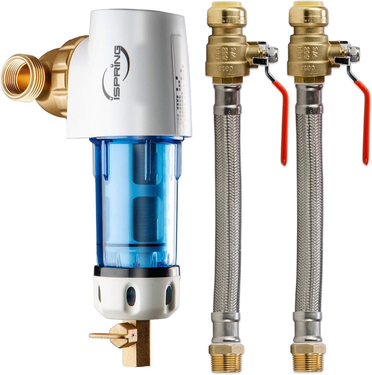 iSpring AHPF12MNPT12X2 WSP50GR Reusable Spin Down Sediment Water Filter, White (WSP50GR+AHPF12MNPT12X2)