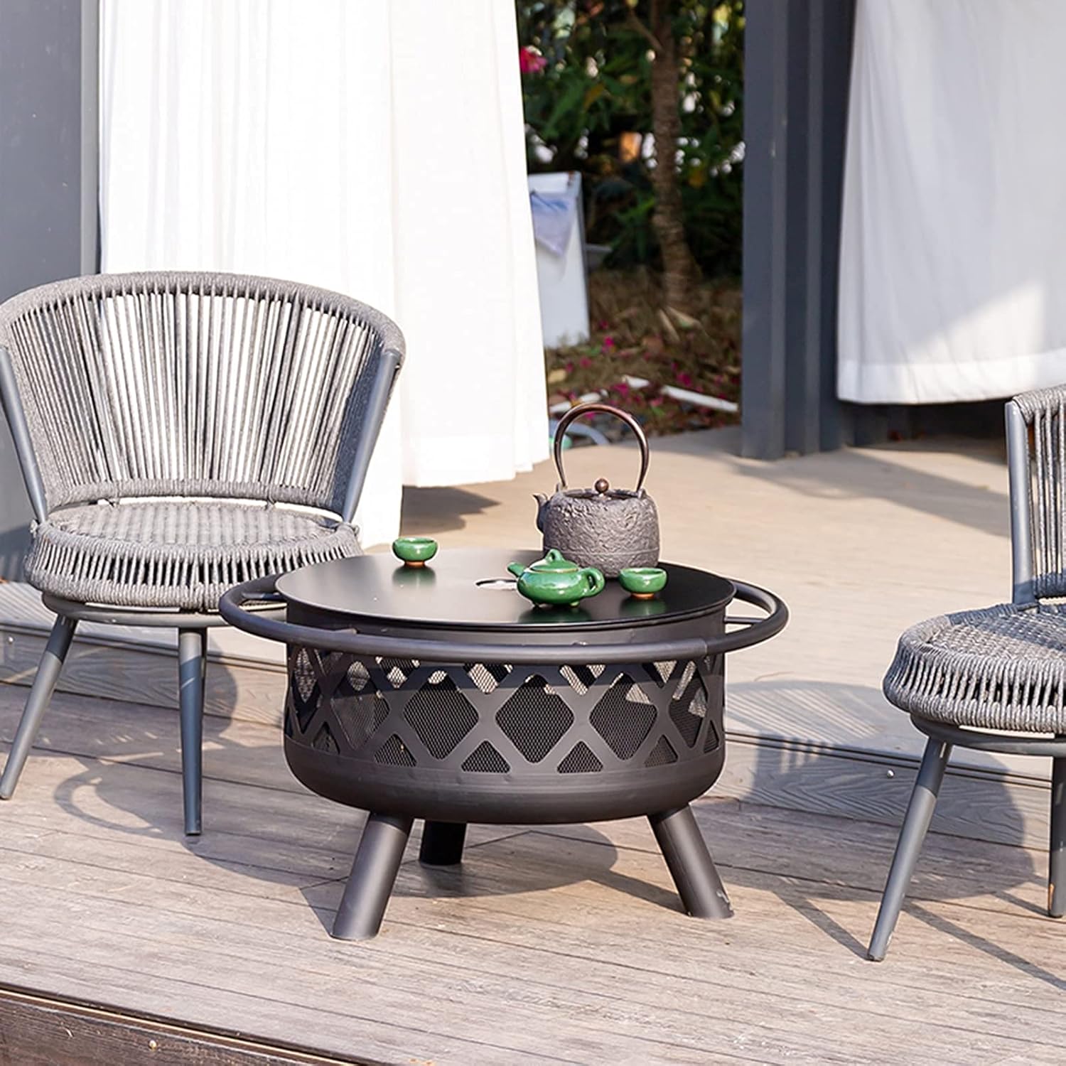 Garden Fire Pit Grill Bowl Grill Barbecue Rack Wood Burning Fire Pit BBQ Grill Firepit Bowl Outdoor Fire Pits Garden 3 in 1 Fireplace for Bonfire Barbecue in The Wild with Grill Grate