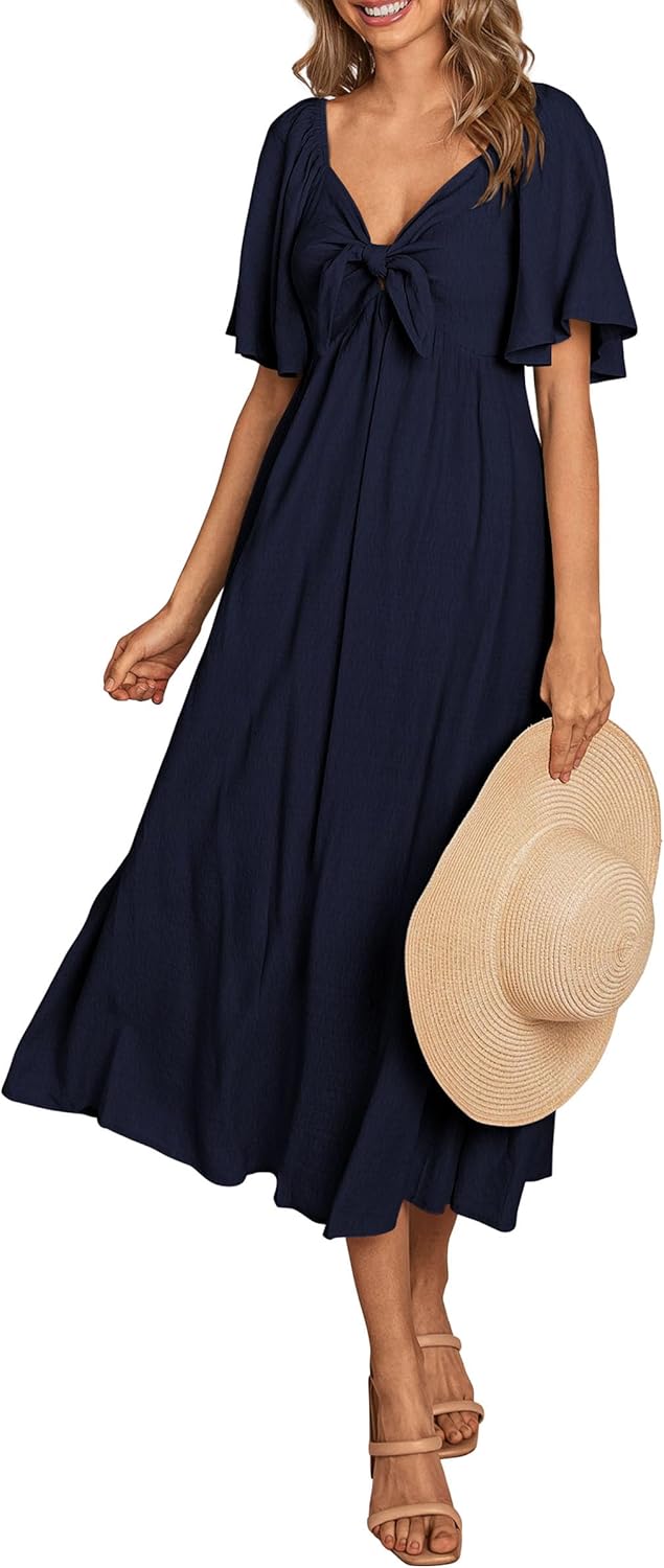 PRETTYGARDEN Summer Dress for Women 2026 Casual Short Sleeve Bow Tie V Neck Ruffle Midi Flowy Dresses