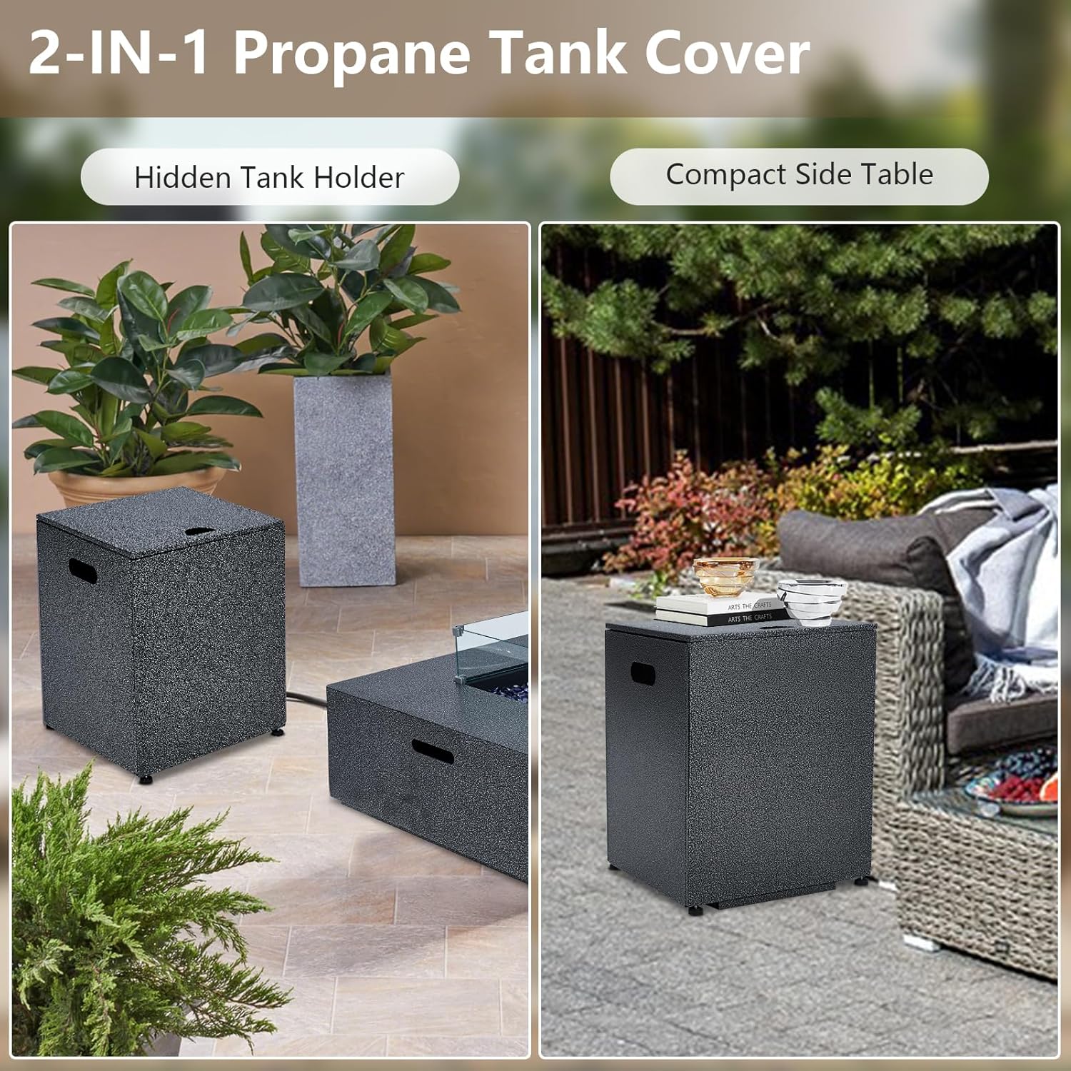 Propane Fire Pit Table 36 in w Tank Table 16 in, Square Steel Gas Firepit Coffee Table 50000 BTU, Outdoor Firepit Table Set w Removable Lid, Transparent Wind Guard, Blue Glass Rocks & Rain Cover