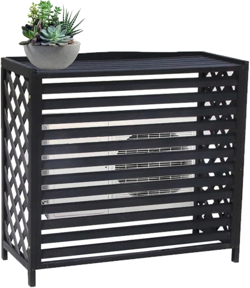 Air Conditioner Fence Screen AC Covers Outdoor Protective Grilles Wooden Plant Display Rack Weather Resistant Space Divider Shutters Decoration Cover For Outside Unit(Black,L115cm*W54cm*H95cm)