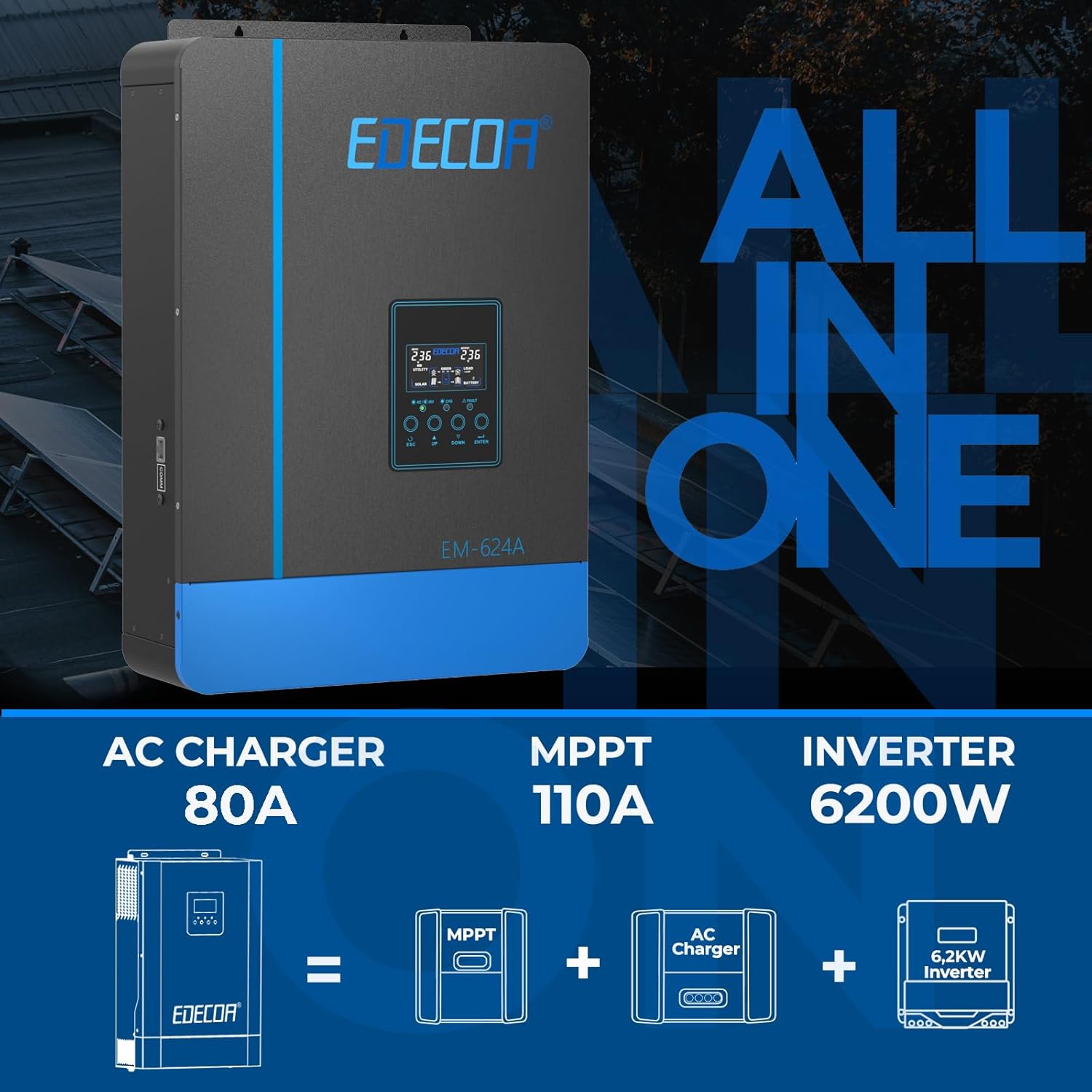 EDECOA Hybrid Inverter 48v 220v 7000VA/6200W, Solar Charger MPPT 110A Pure Wave 55-450Vdc Off-Grid Battery Charger, Solar Charge Regulator, Network Priority (Compatible WiFi Module)