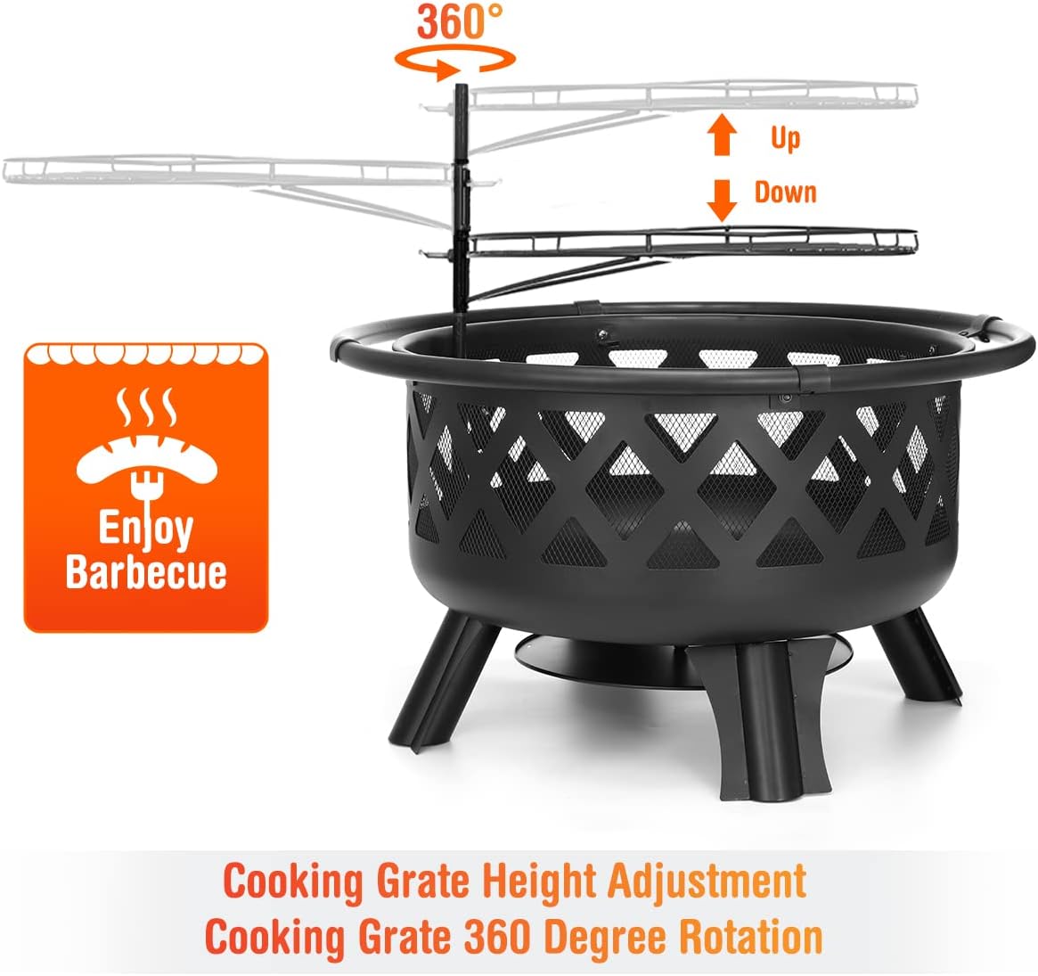 30 Inch Fire Pits for Outside with Grill Wood Burning Firepit Large Steel Firepit Bowl for Patio Backyard Garden Camping with Swivel BBQ Grill, Ash Plate,Spark Screen, Poker