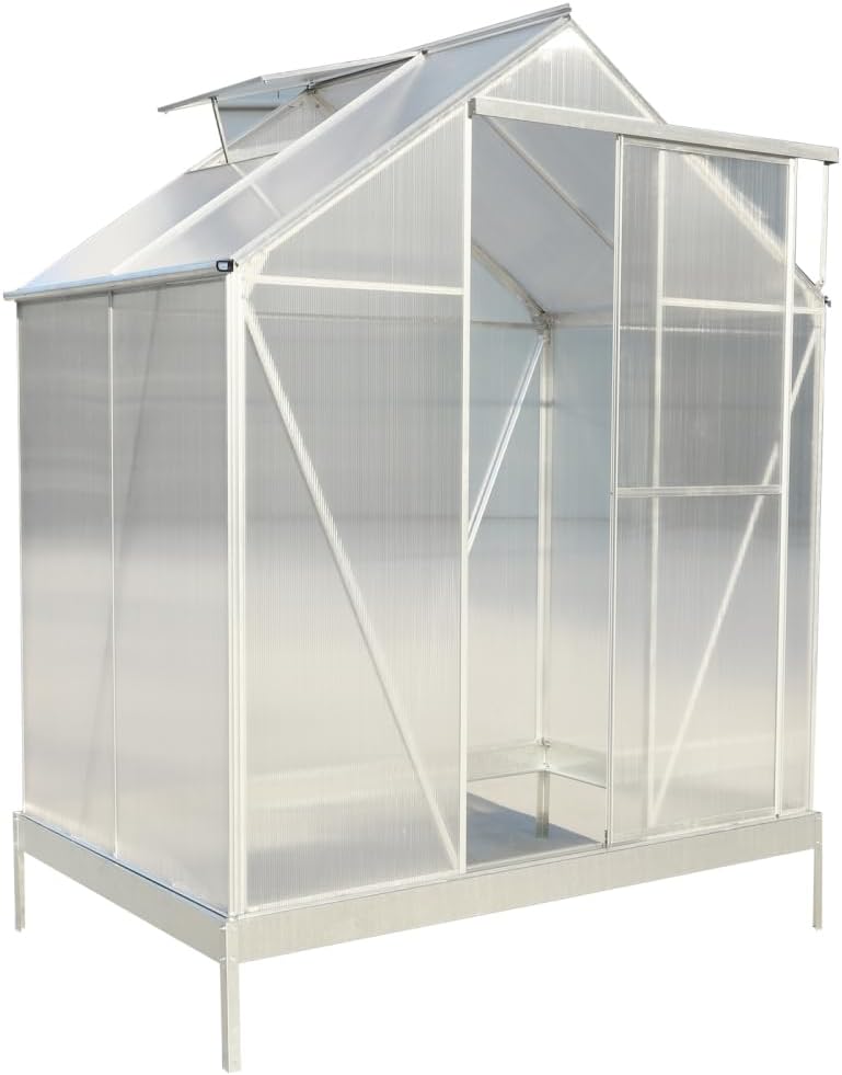 6.3'×4.2'×7' Walk-in Greenhouse - Silver Aluminum Frame with 4mm Polycarbonate Panels Heavy Duty Outdoor Greenhouse Kit with Rain Gutter, Vent & Sliding Door for Backyard Garden (Silver,6.3'*4.2'*7')