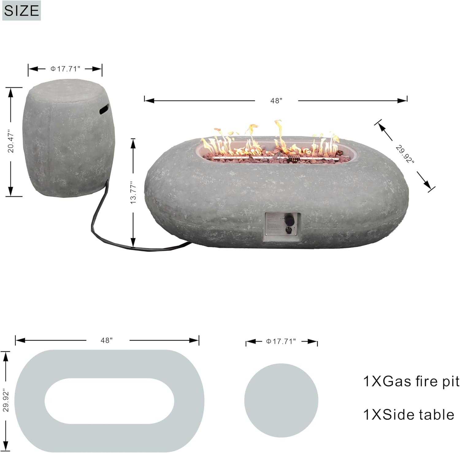 2 Piece 48 Inch Outdoor Fire Pit Table with 65,000 BTU Propane Gas for Garden, Backyard, Deck & Pool, Grey
