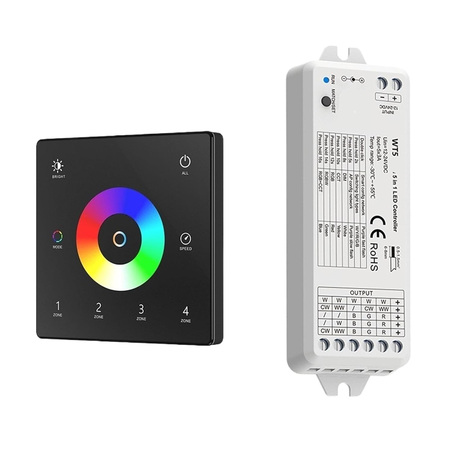 5 in 1 LED Controller Kit Glass Wall Mount Touch Panel RCT LED DC 12V 24V Dimmer(WT5 and TW5-4(B) KIT)