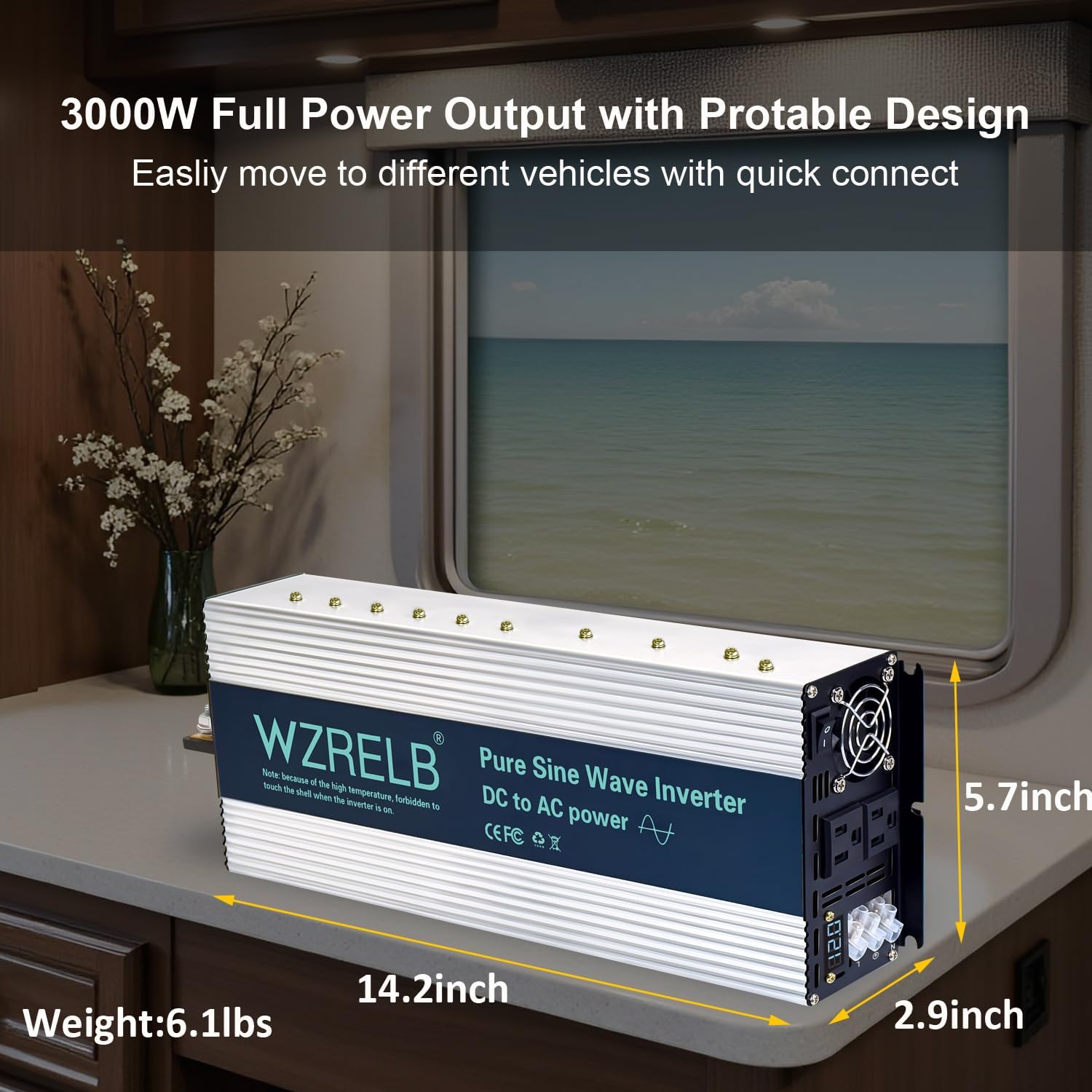 WZRELB 4000W Pure Sine Wave Inverter, Car Power Inverter 72V DC to 110V 120V AC Converter for RV, Truck, Solar, Outdoor with Dual AC Outlets, Hardwire Port, Surge 8000W, LED Display,Off-Grid