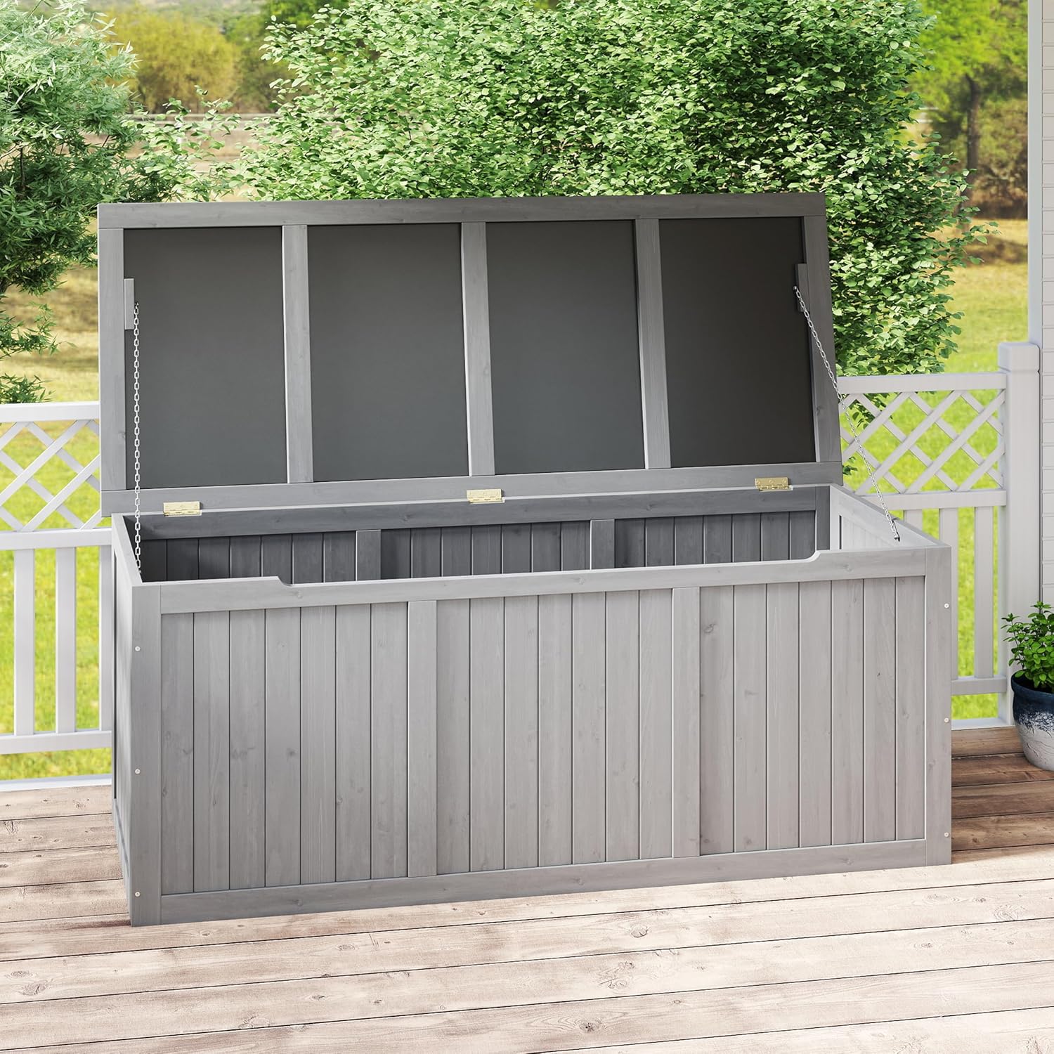 KEIKI Large 112 Gallon Deck Storage Box, Weather-Resistant Outdoor Storage Box with Seat & Table Top, Secure Storage for Patio Furniture & Pool Toys, Gray