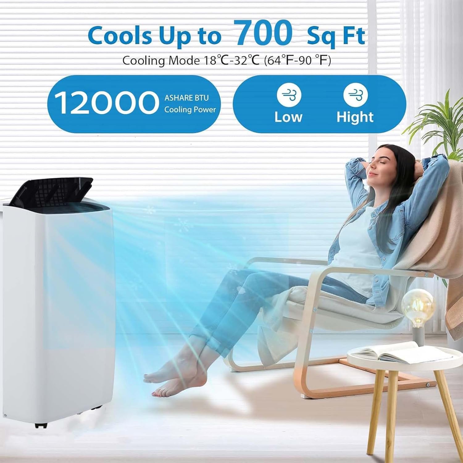 12,000 BTU Portable Air Conditioner,Cools Up to 550 Sq.Ft,Low Noise Smart Portable AC,Air Conditioner With Remote Control,Fits for Large Room, Office, Garage