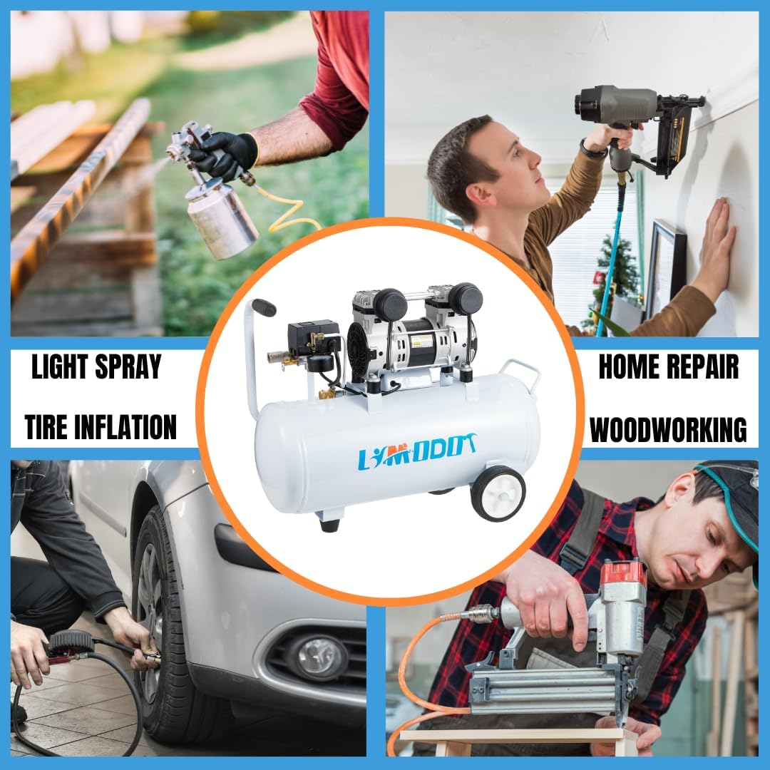 Quiet Air Compressor, Only 68dB, 8 Gallon Steel Tank, 2.8CFM @ 90PSI, Oil-Free, Electric Air Compressor Perfect for Woodwork Nailing, Garage, Car, Pneumatic Tool, Includes 11 Accessories