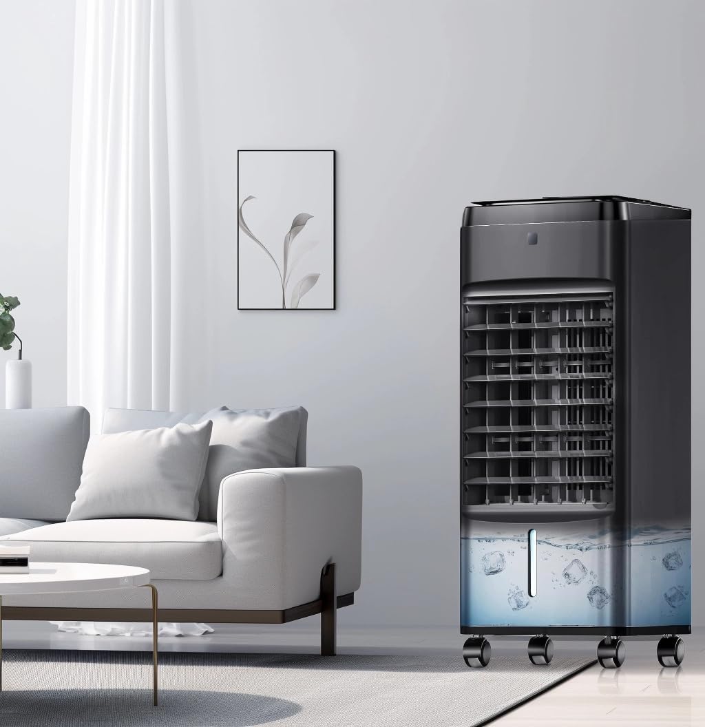 NOMEY 3-IN-1 Portable Air Conditioners 4 Modes & 3 Speeds, Waterless Alert System, 12H Timer, 1 Gal Detachable Water Tank, 4 Ice Packs, Remote, 70° Oscillation Windowless Evaporative Air Cooler