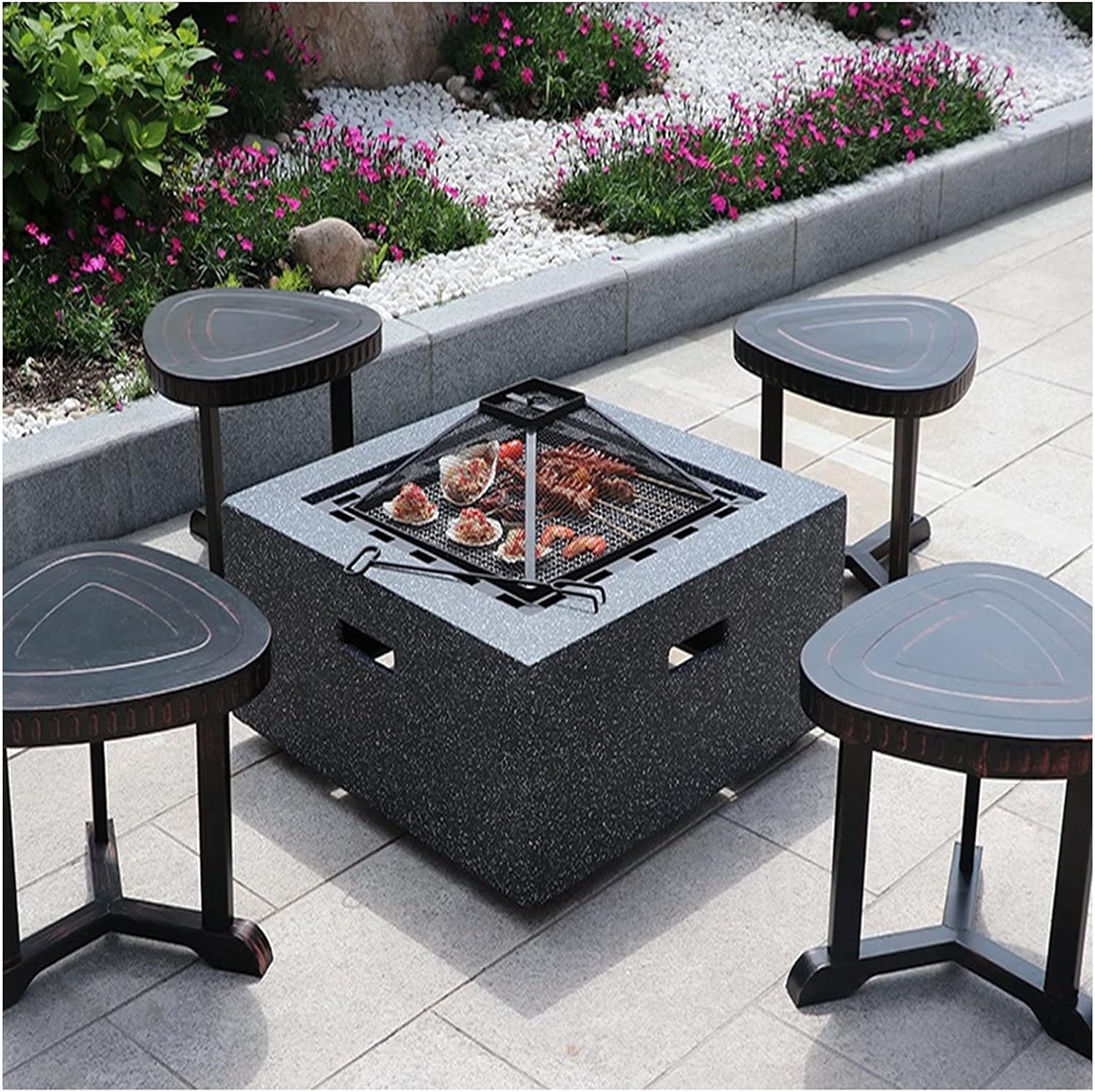Outdoor Fire Pit Garden Terrace BBQ Leisure Table, Outdoor Cooking Fire Pit, Wood Burning Fire Bowl, Multifunctional Heating Fireplace