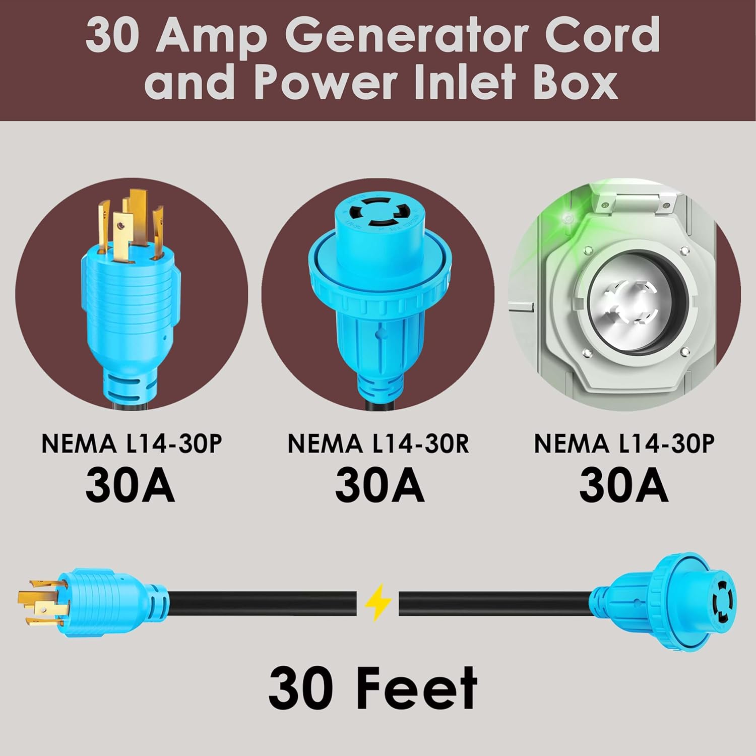 CircleCord 4 Prong 30 Feet 30 Amp Generator Extension Cord and Inlet Box with Locking Connector, Heavy Duty NEMA L14-30P/L14-30R, 125/250V 7500W 10 Gauge SJTW Generator to House Power Cord