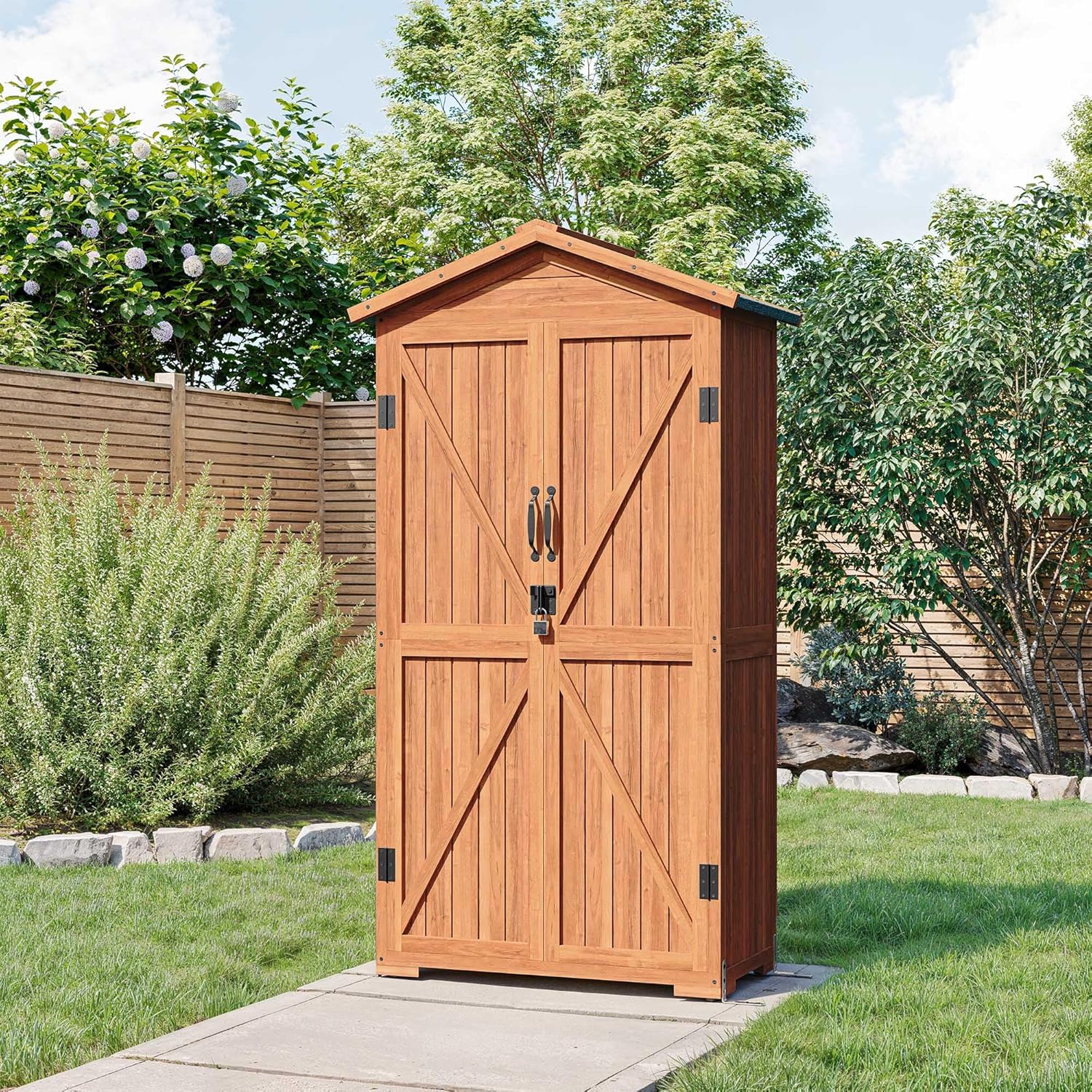 BELLEZE Outdoor Storage Shed with 4 Removeable Shelves, Wooden Garden Shed Lockable Tool Cabinet with Waterproof Roof, Outside Tall Tool Shed for Patio Backyard Lawn Yard - Wood