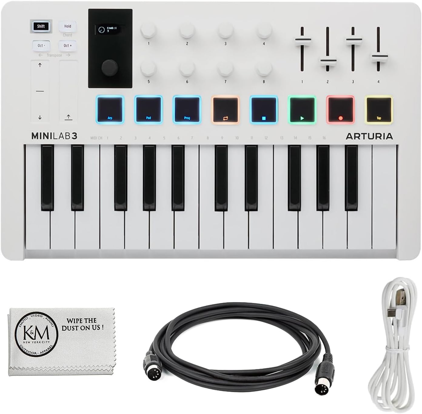 Arturia MiniLab 3 Compact MIDI Keyboard and Pad Controller | White Bundle with 6ft MIDI Cable + Microfiber Cleaning Cloth (3 Item)