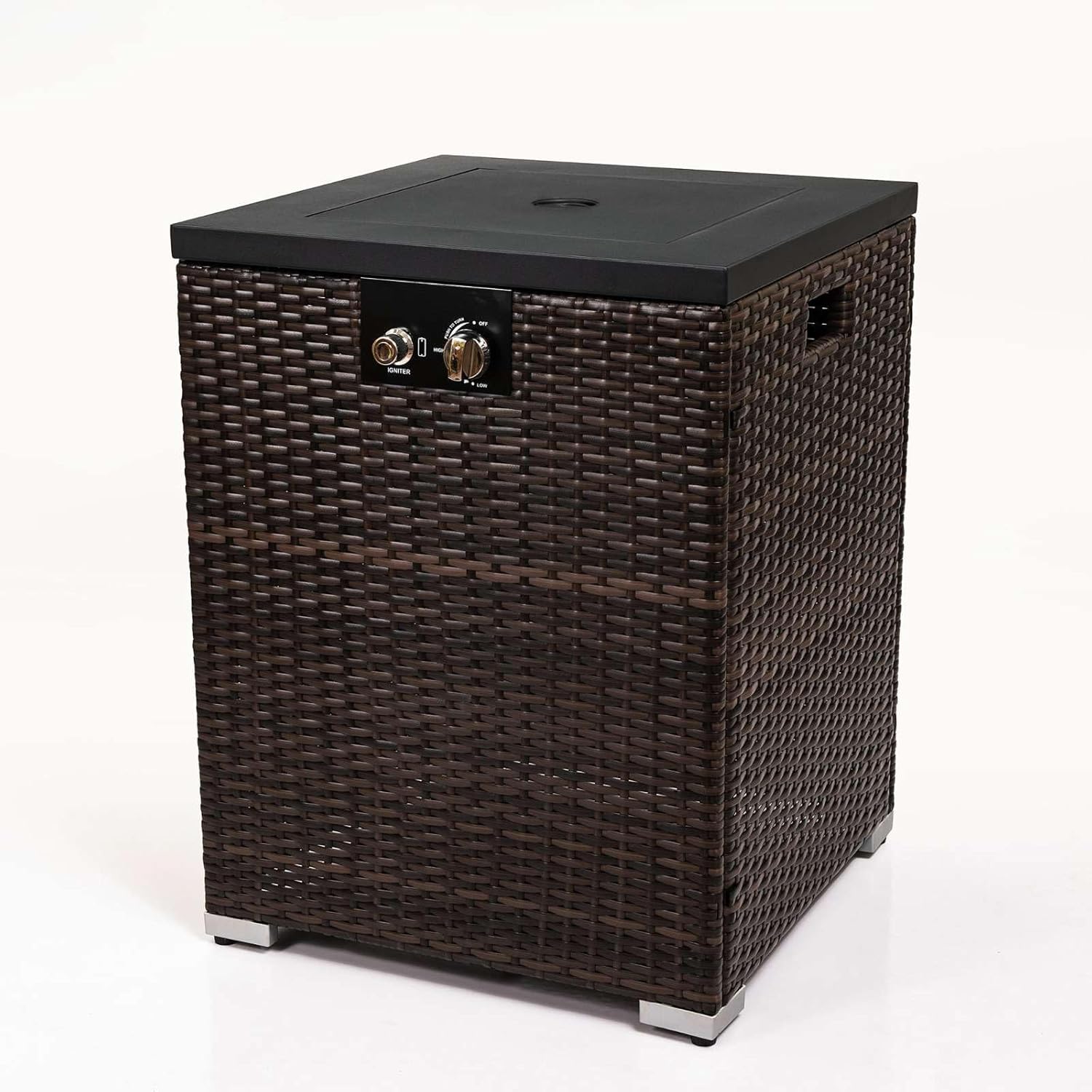 40000BTU Outdoor Wicker Fire Pit Column with Glass Wind Guard - Propane Gas Fire Pit Table for Patio and Garden Decor - Includes Rain Cover and Lid