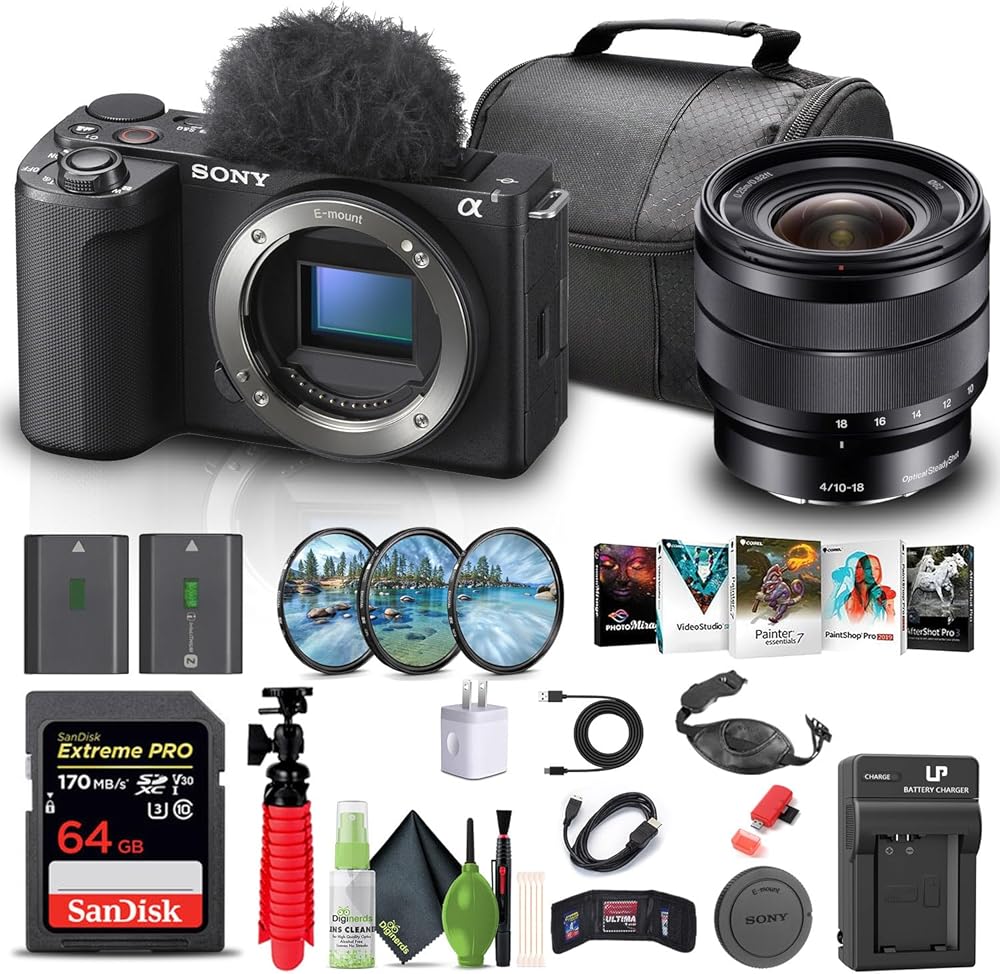 Sony Alpha ZV-E10 II Mirrorless Camera (Body Only, Black) (ZVE10M2KB) + Sony E 10-18mm Lens + 64GB Memory Card + Filter Kit + Photo Software + Bag + NP-FZ100 Battery + Charger + More (Renewed)