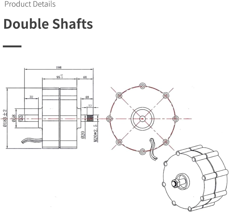 500W Permanent magnet Generator 12V 24V 48V Three Phase Alternator for Home Electric Motor Generator for Vertical Horizontal Wind Turbine (With Base-Double shafts, 48V)