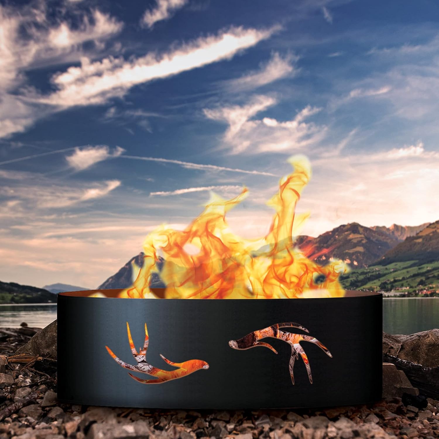 PD Metals ANT01837-FP Antlers Unpainted 12 in. Tall 37 in. Diameter Outdoor Fire Ring with Fire Poker - 37 x 37 x 12 in. - Rustic Black Color