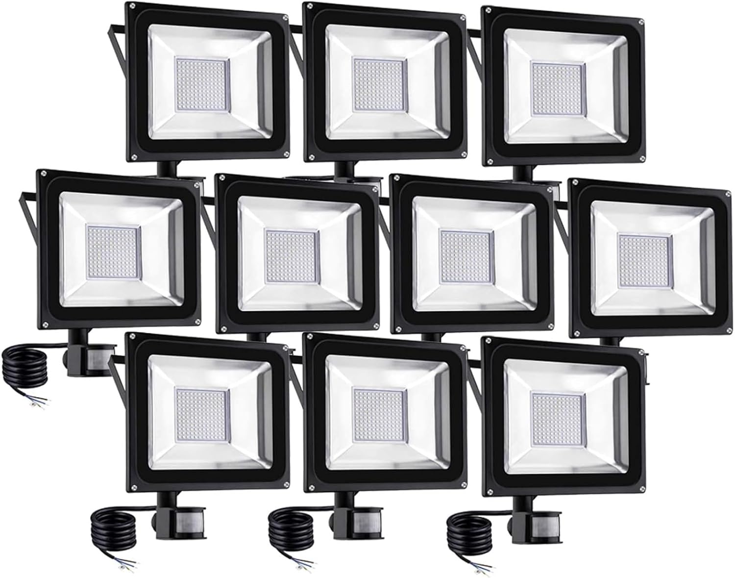 100W LED Flood Lights Outside, PIR Sensor Security Lamp Fixtures, 8000 Lm 3200K Warm White Work Lighting, IP65 Waterproof Garden Wall Light for Outdoor Roads, 10 Pack