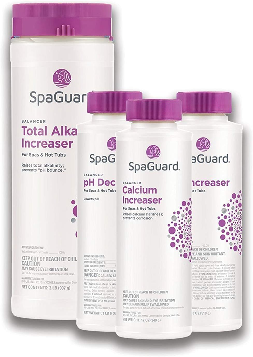 SpaGuard Balancer Bundle for Spas & Hot Tubs, pH Decreaser, pH Increaser, Alkalinity Increaser, Calcium Increaser, 4 Pack