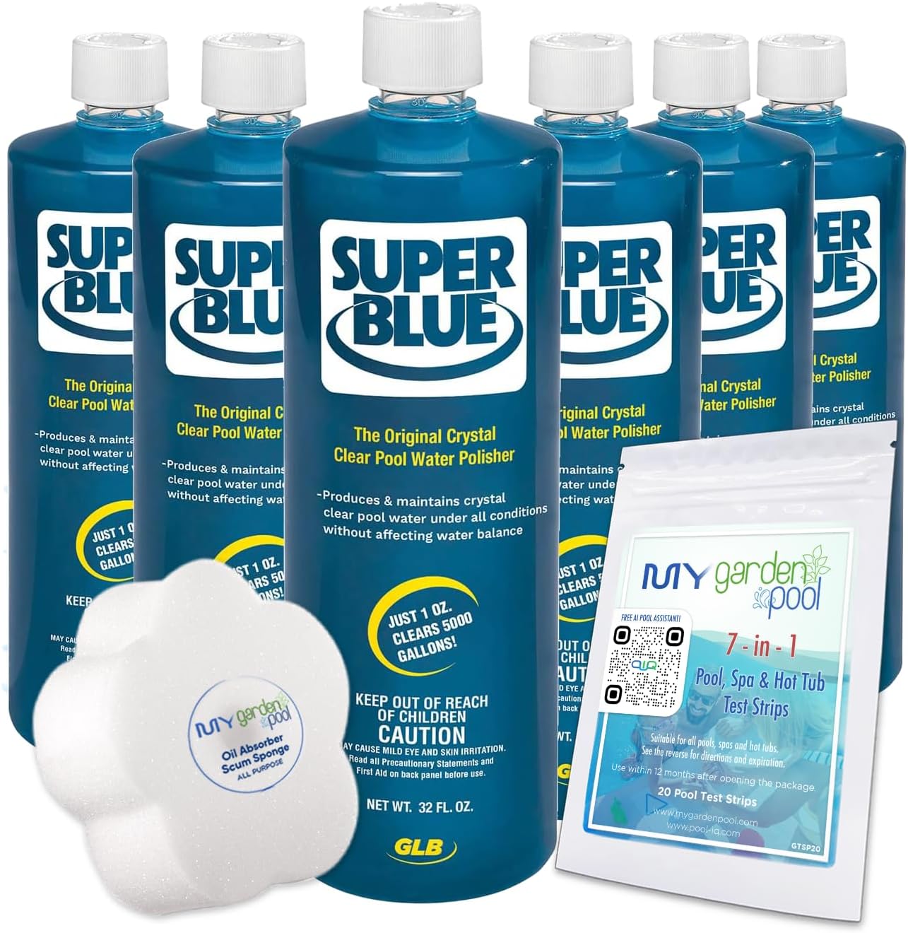 GLB 71205 Robarb 20154A Super Blue Swimming Pool Clarifier, 1 Quart with My Garden Pool 20 Ct. Test Strips & Scum Sponge Flower Oil-Absorbing for Hot Tubs and Pool-IQ, AI Assistant! (6-Pack)