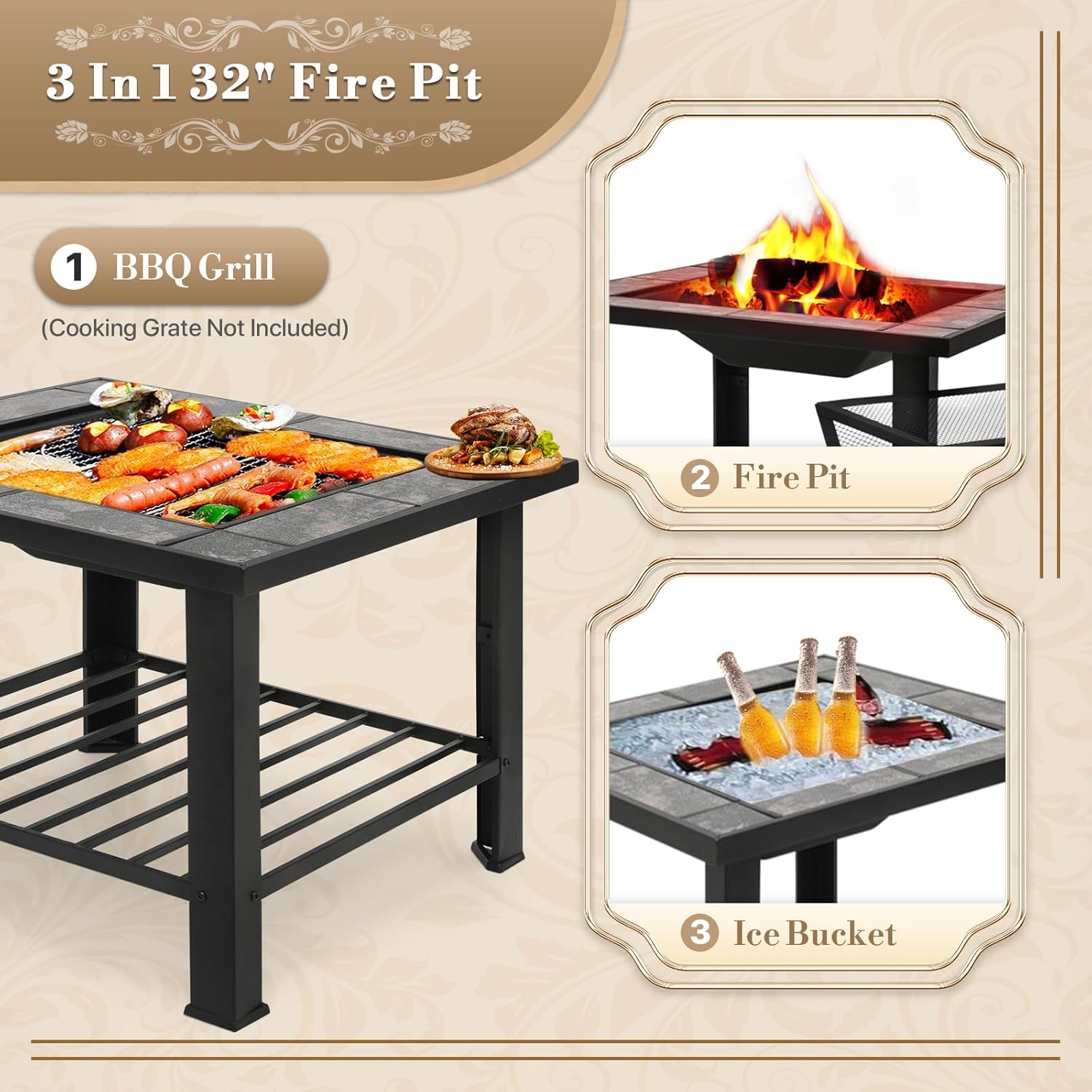 Athena Collection 30 in Patio Fire Pit Table, 3 in 1 Multiuse Square Iron Large Wood Burning Firepit Table Outdoor Fireplace with Spark Screen Log Grate Poker for Outside Heating Camping BBQ Bonfire