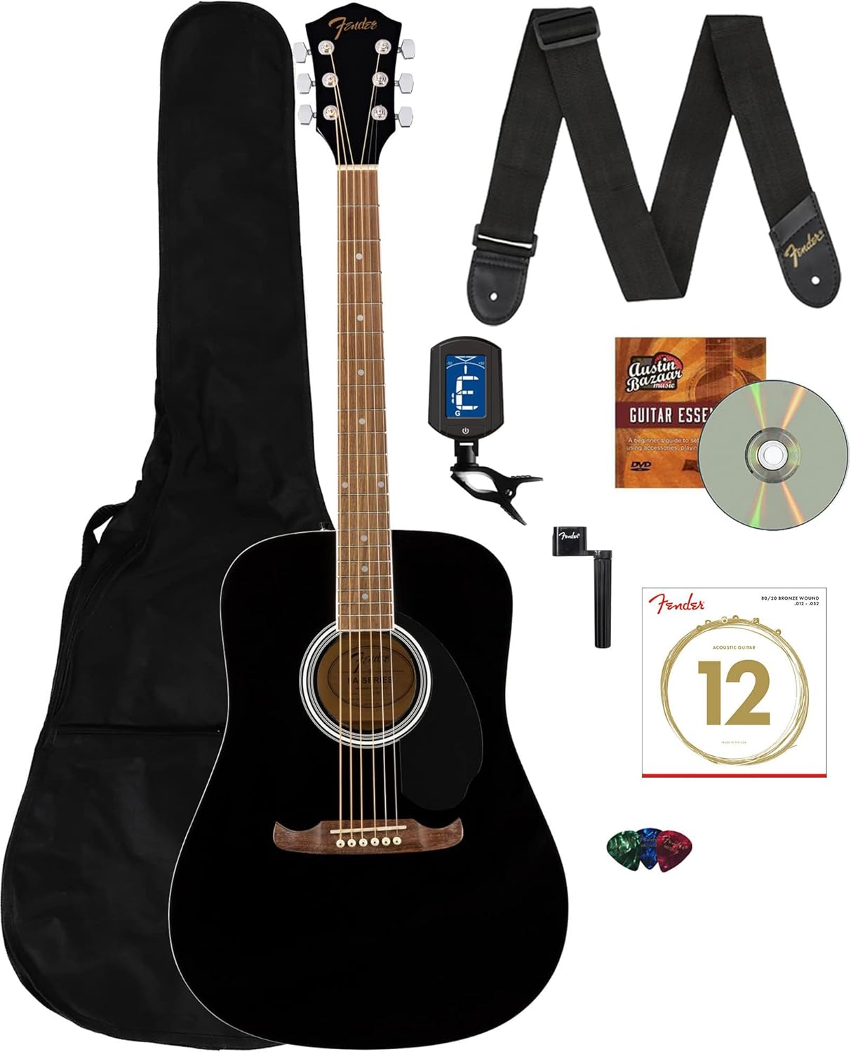 Fender FA-125 Dreadnought Guitar - Black Bundle with Gig Bag, Tuner, Strap, Strings, String Winder, Picks, and Austin Bazaar Instructional DVD