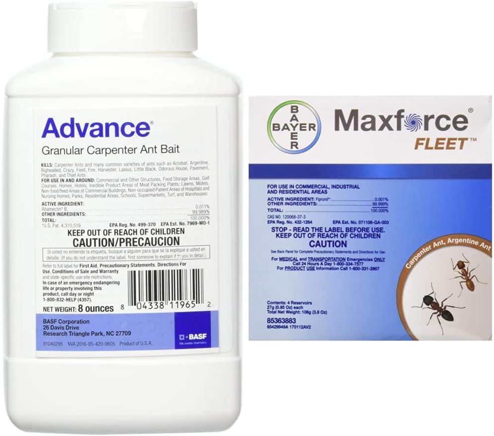 BASF Advance Carpenter Ant Bait (8oz, White) and Bayer Max Force Fleet Ant Gel (Light Yellow)