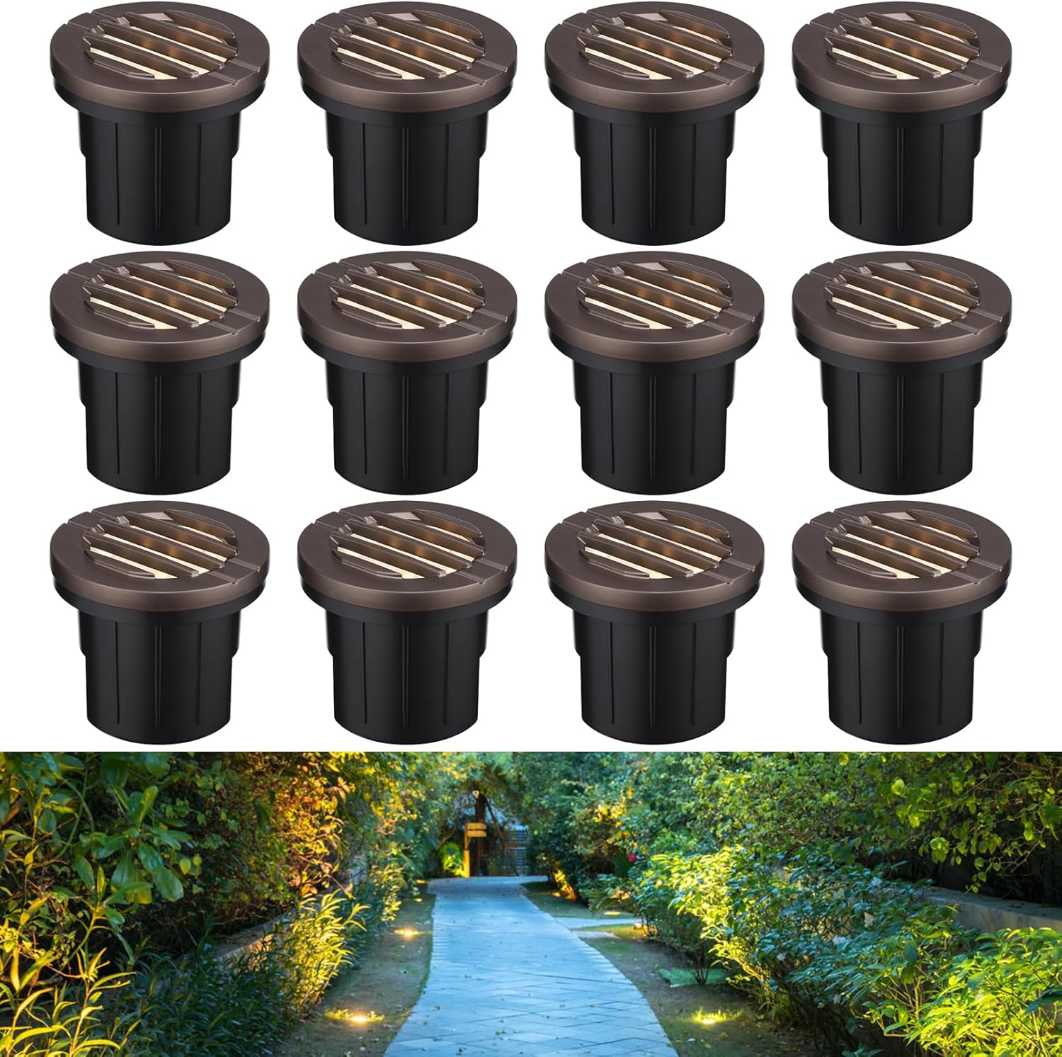 LEONLITE 12-Pack 6W Well Lights Landscape LED In Ground, Grated Top, 12-24V AC/DC Low Voltage CRI90 Garden Landscaping IP67, Oil Rubbed Bronze, 3000K