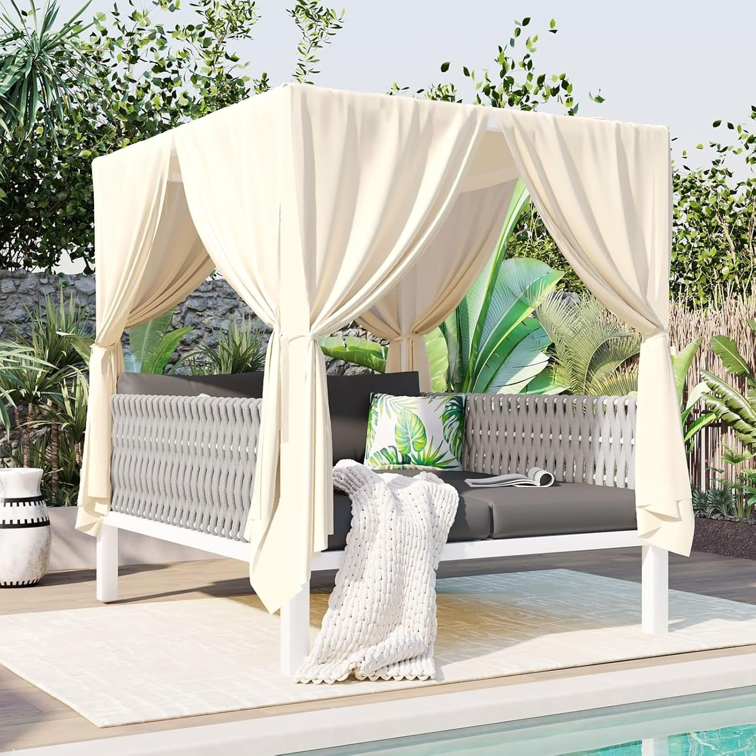1 Pieces Outdoor Canopy Bed, Patio Bed Lounger Gray Beige Woven Rope with Curtains for Garden Poolside Backyard